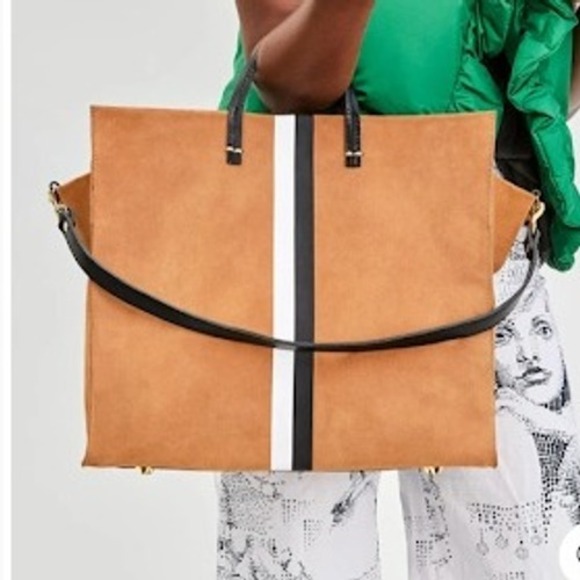 Clare V Simple Tote Camel Suede Black White Stripes Leather Handles Designer - Picture 1 of 12